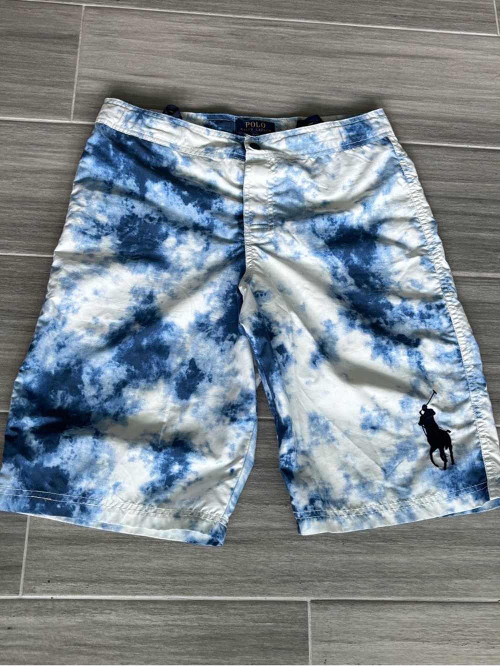 POLO Ralph Lauren Blue Tie-Dye Swim Trunks Youth 18-20 Snap Waist Large Logo